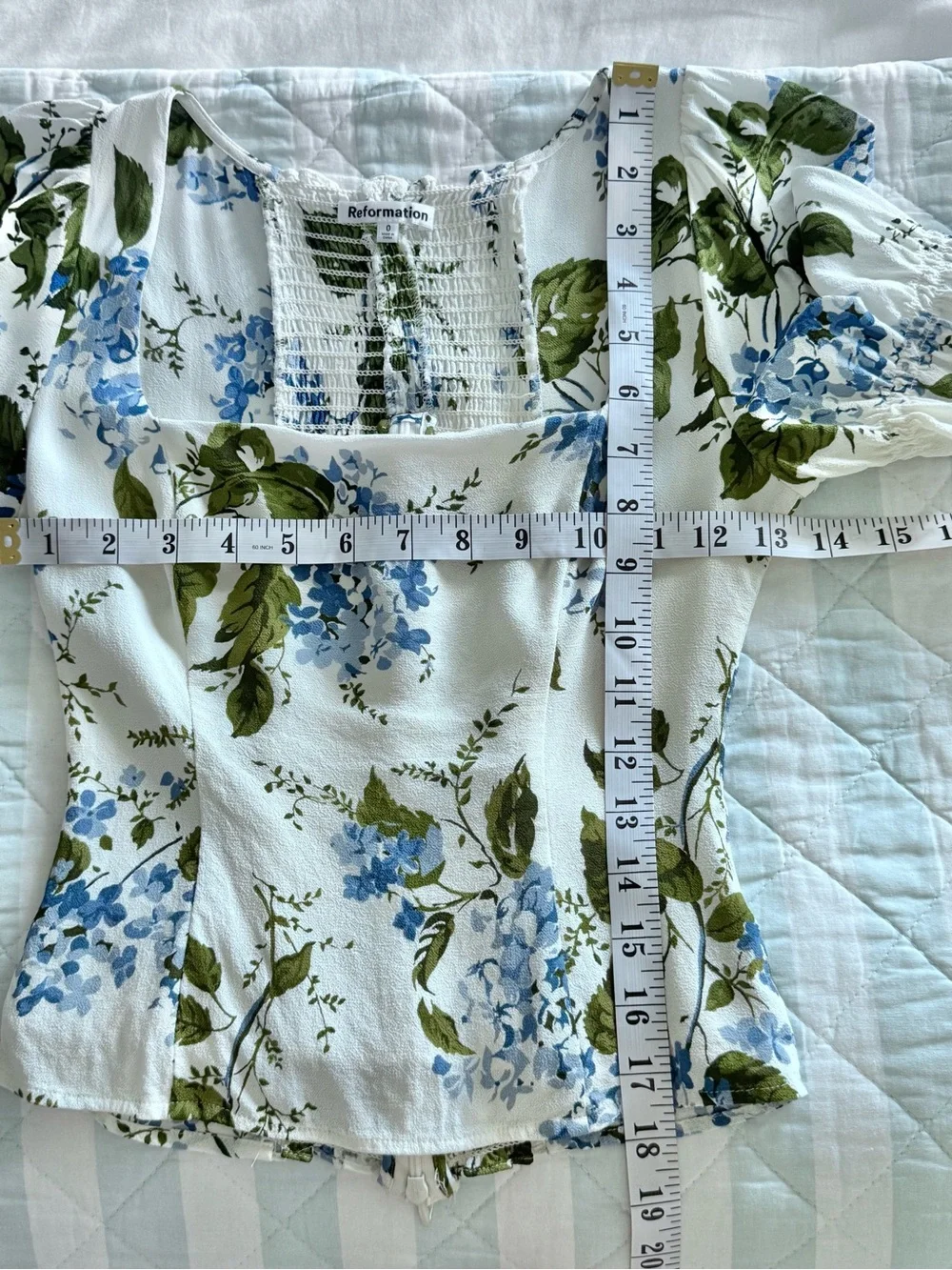 Reformation Constance Floral Print Puff Sleeve Top White Blue Green Size 0